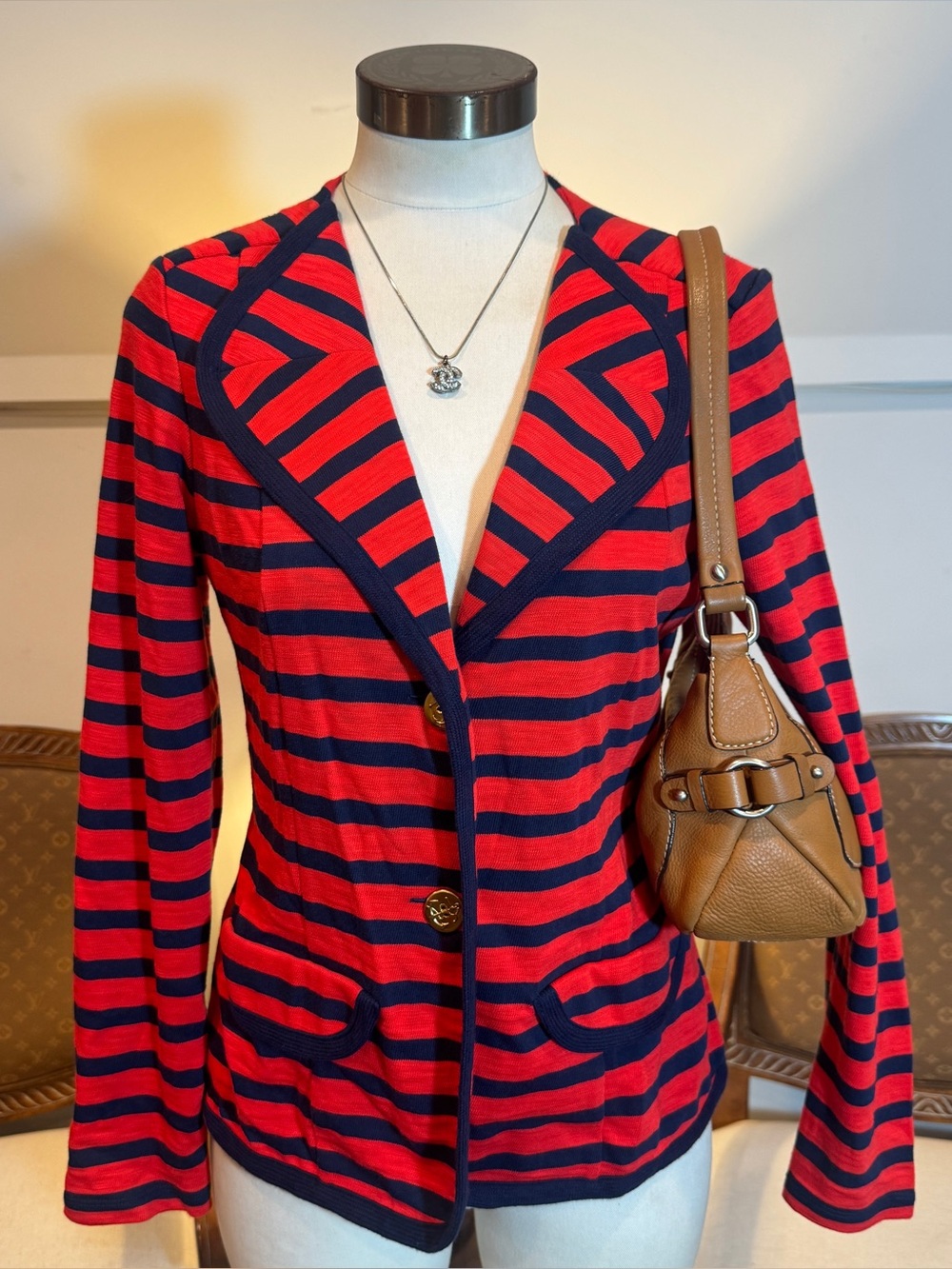 CAbi Striped Red & Navy Blue Preppy Cotton Blazer Jacket Nautical Anchor Buttons